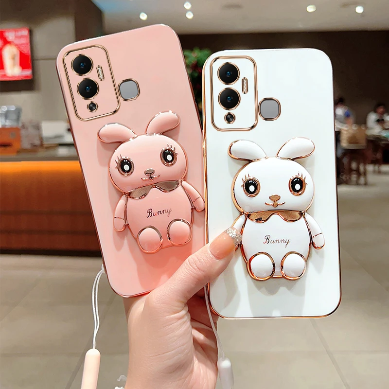 Cute Rabbit Plating Phone Bracket Case for Infinix Hot 12 12i 11 11S 10i 10 10S NFC 9 8 Pro Play Soft Back Cover with Lanyard