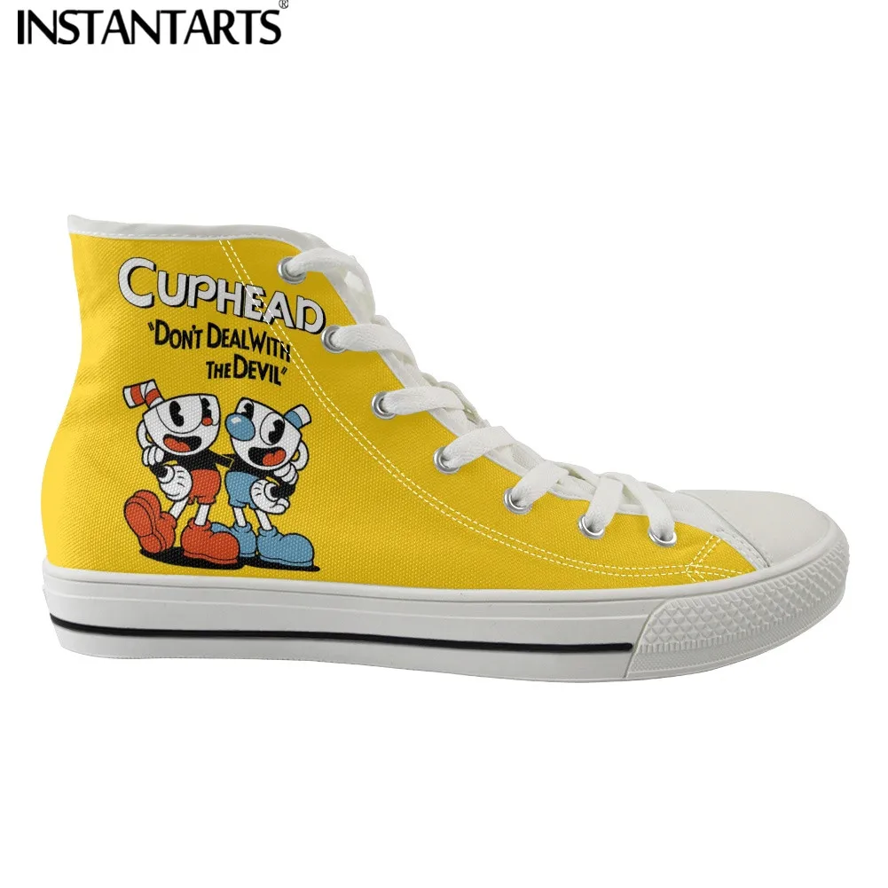 Game Cuphead Mugman Cartoon Pattern Casual Lace Up Sneakers For Men Boys High Top Canvas Footwear Vulcanized Shoes