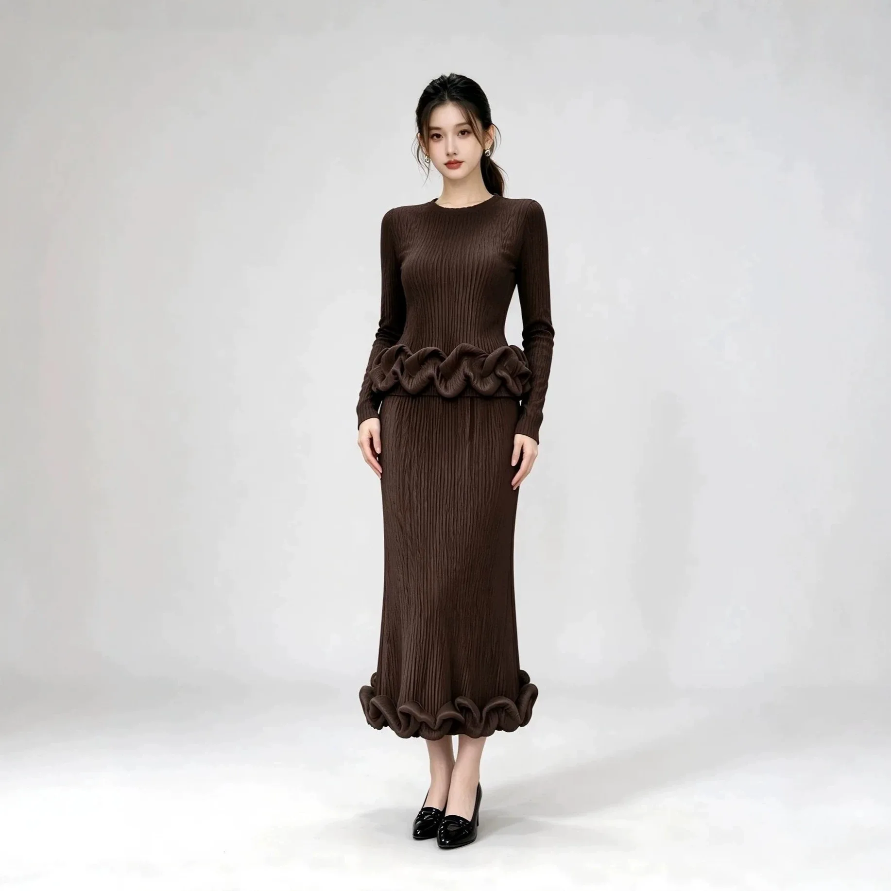 Miyake Women Pleated 2 Piece Skirt Set Long Sleeve Ruffle Peplum Top + Midi Fishtail Skirt Elegant Solid Formal Two Piece Outfit