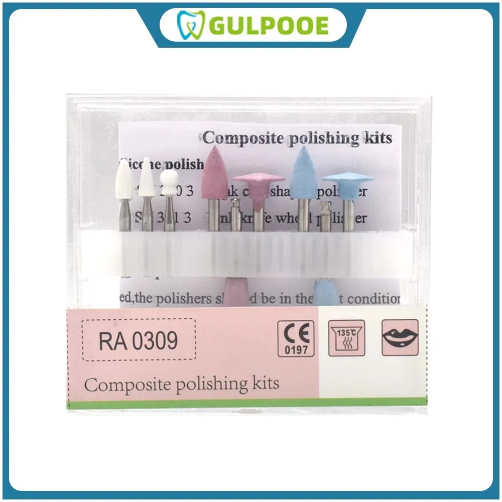 GULPOOE 9pcs/Set Dental Polishing Kit Ra 0309 Rubber Polisher Low Speed Handpiece Contra Angle Resin Sanding Polishing Set