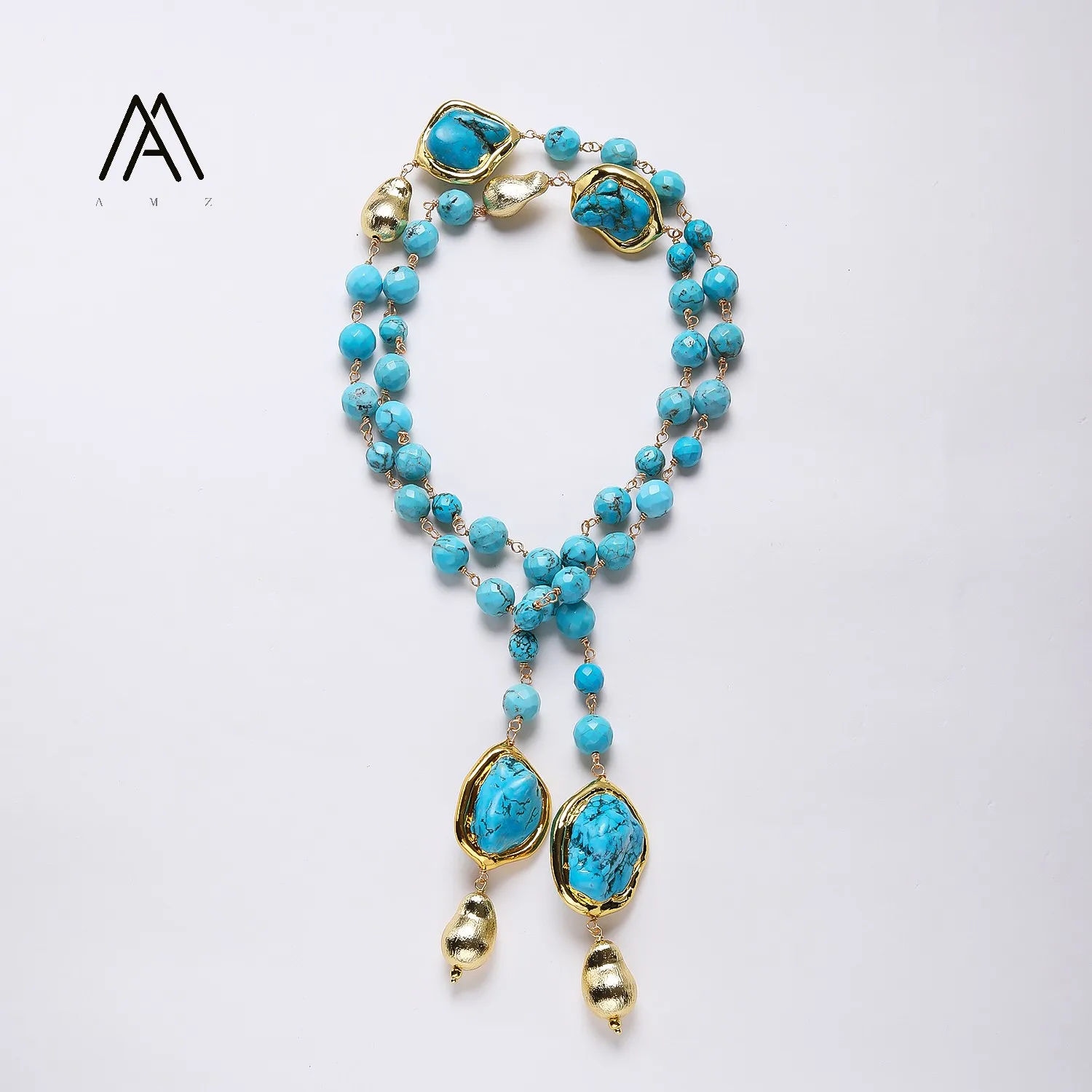 34 Inches Long Natural Turquoise Necklace Gold Color Brushed Beads Natural Stone Necklace Boho Jewelry for Women 2 Style