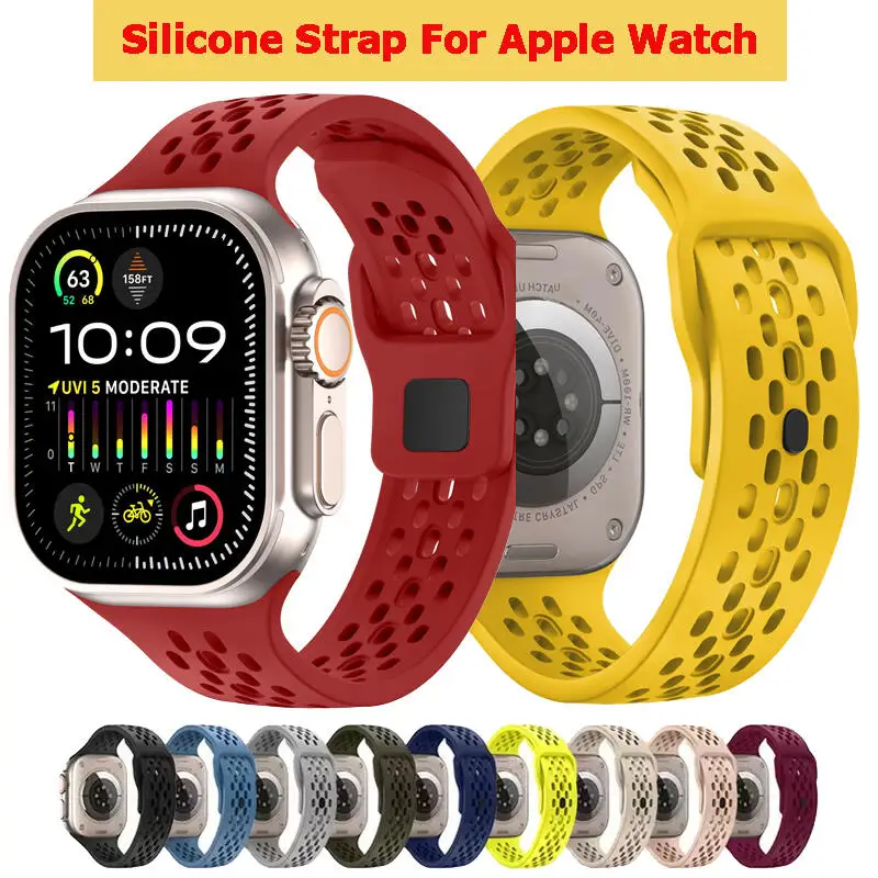 Silicone Strap For Apple Watch Band Series 9 10 42mm 46mm 9 8 SE 44mm 45mm 41 38mm 40mm Breathable Bracelet Iwatch Ultra 2 49mm