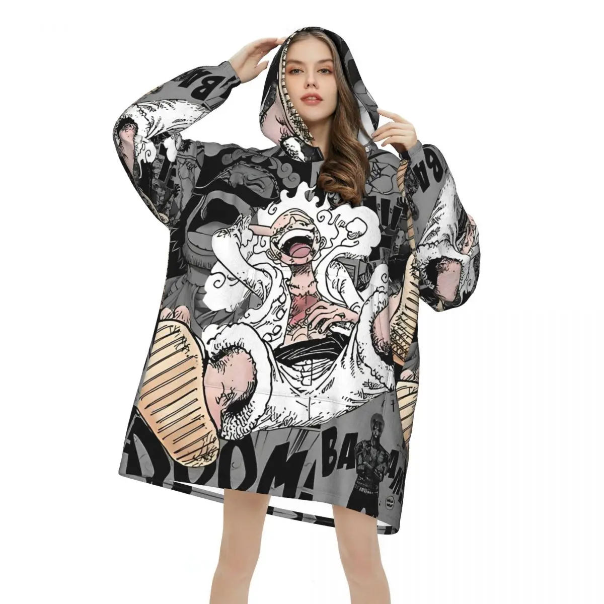 Luffy Gear One Piece Oversized Deken Hoodie Sweatshirt Lange Fleece Capuchon Draagbare Deken met Grote Zak voor Dames Heren