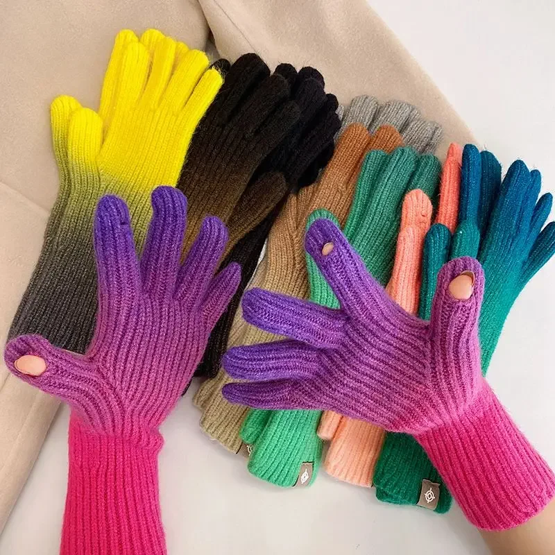 Korean Style Trendy Gloves Winter Rainbow Gradient Color Five Finger Touch Screen Yarn Knitted Gloves Women's Warm Cute Gloves