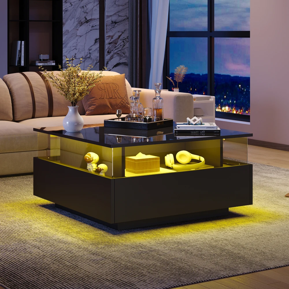 70 x 70 x 41 cm großer moderner Hochglanz-LED-Couchtisch mit 2 Schubladen und transparentem Präsentationsbereich, belastbar bis zu 30 kg – Detail 5