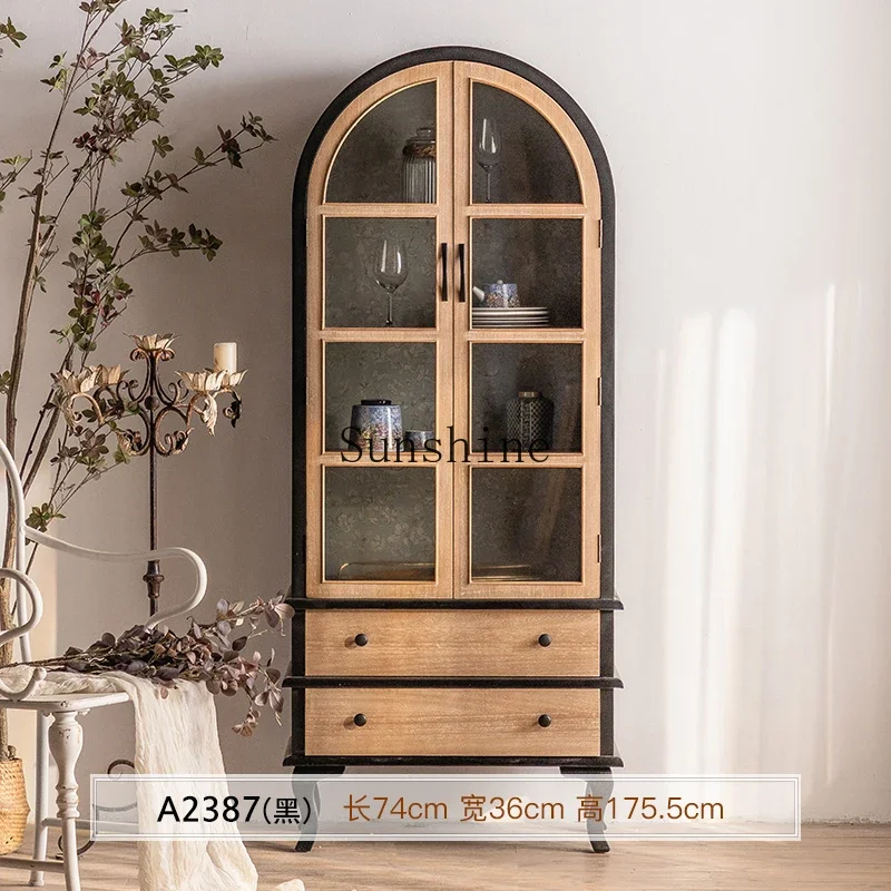 

French retro solid wood two-door glass display bookcase floor-to-ceiling bookcase with drawers against the wall for home use