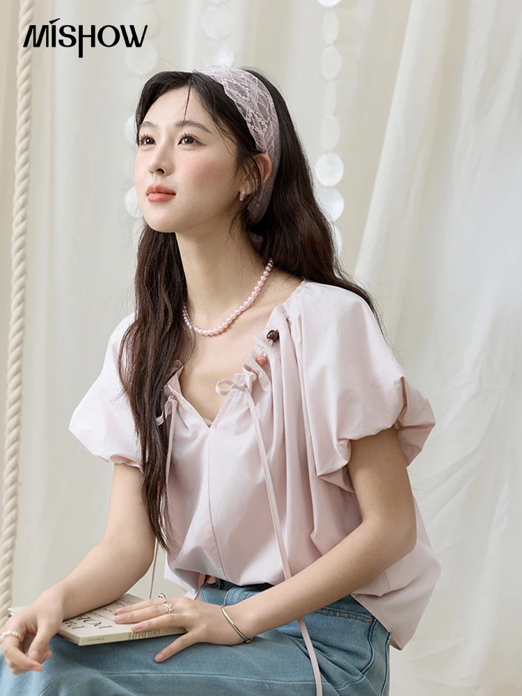 MISHOW Solid French Summer Blouses Woman 2025 New Short Puff Sleeve V-neck Beaded Retro Shirts Women Fashion Tops MXE33X1757