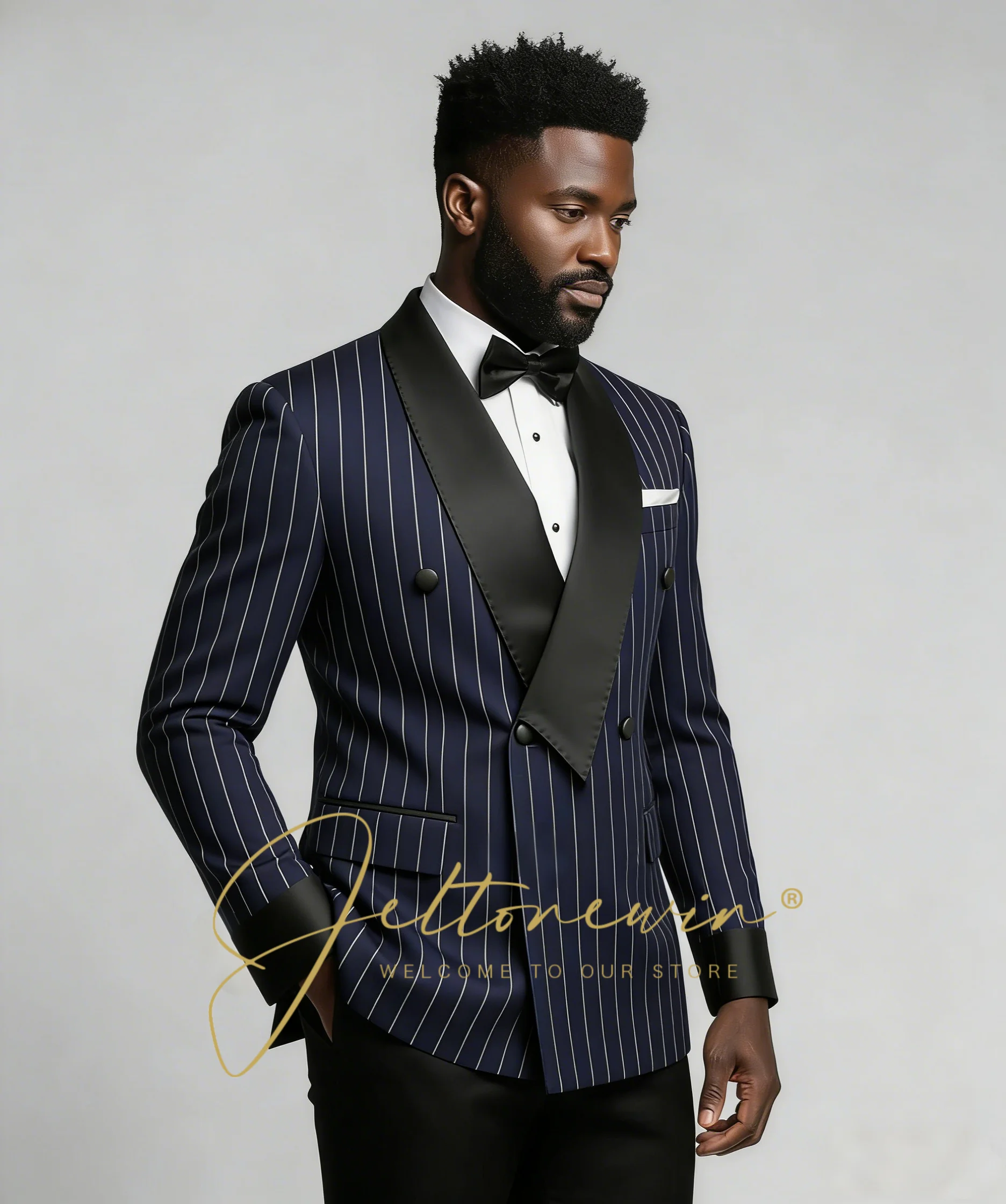 

Latest Design Navy Blue Striped Terno Masculino Groom Wear Shawl Lapel Double Breasted Mens Suits 2 Pieces Tuxedos (Jacket+Pant)