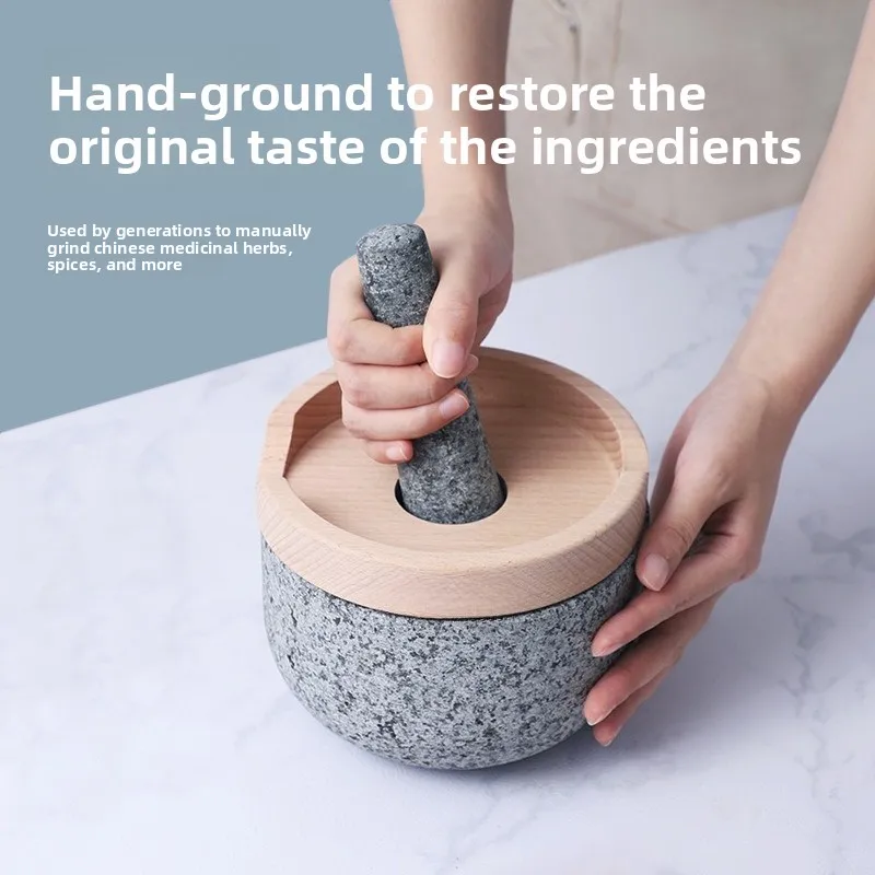 Garlic tamper Household tamper Stone mortar Beech top cover Natural granite Vintage grinder