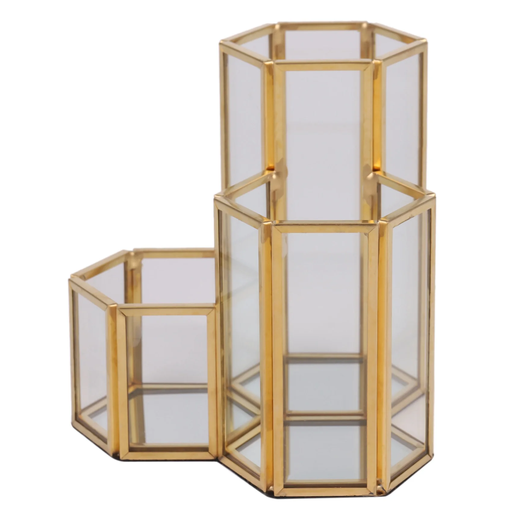 Soporte hexagonal de cobre para bolígrafos, caja de vidrio para brochas de maquillaje, organizador de escritorio multifunción, accesorios de oficina