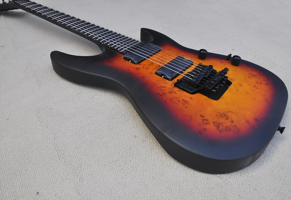 7 Strings Tobacco Sunburst Electric Guitar with Tremolo Bar,Burl Maple Veneer,Rosewood Fretboard