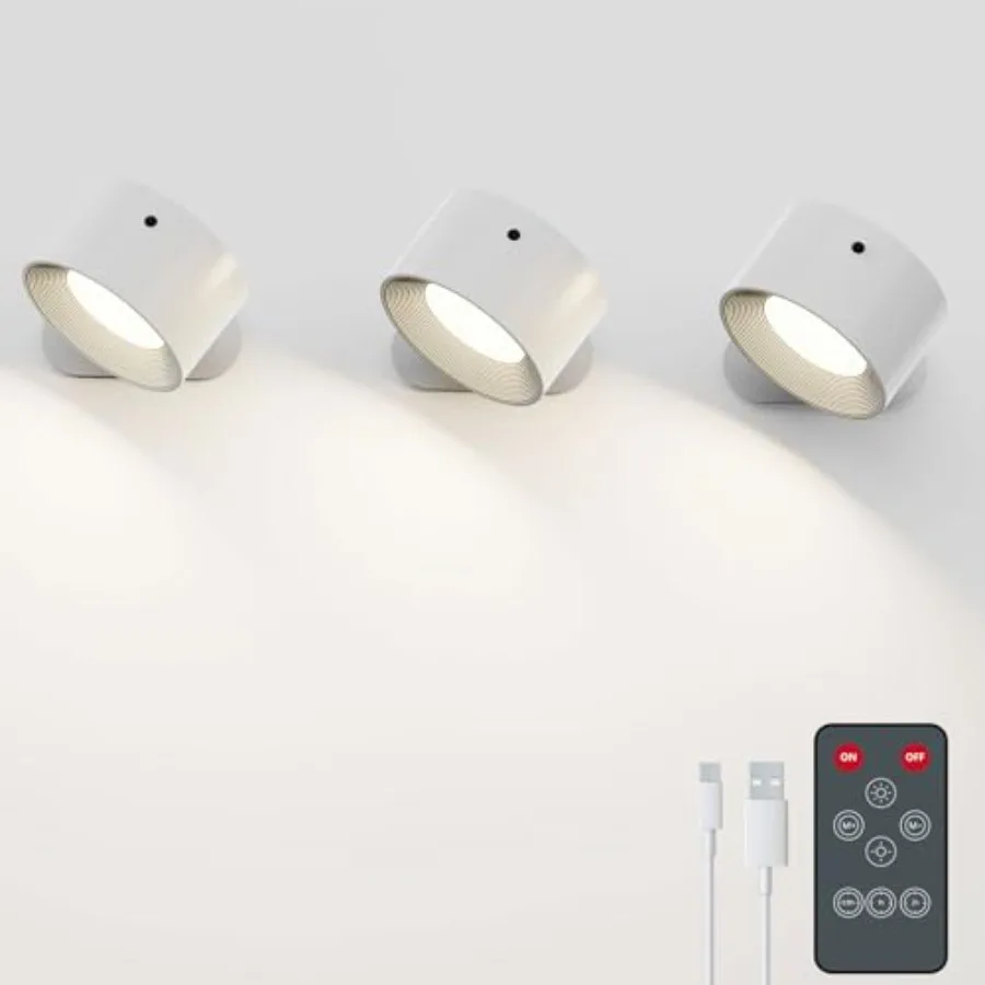 

3PACK Romote LED Wall Sconce - Rechargeable Wall Light, 3 Colors and 3 Brightness Levels, 360° Magnetic Rotating Head, Bedside