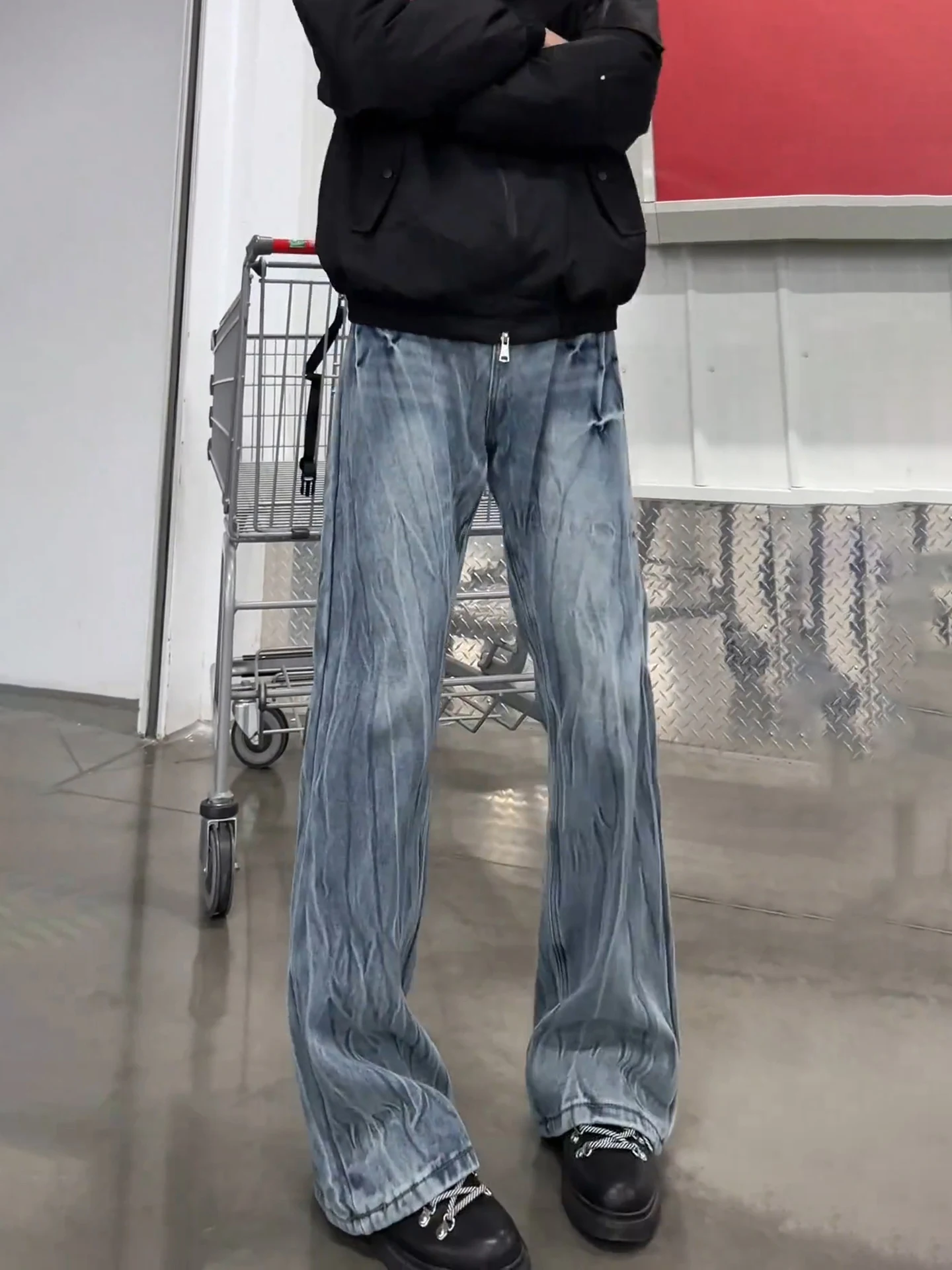 

Slim Fit Straight Leg Jeans Men's Spring Autumn High Street American Sle Thunder Pattern Jeans Warm Cotton Polyester Blend