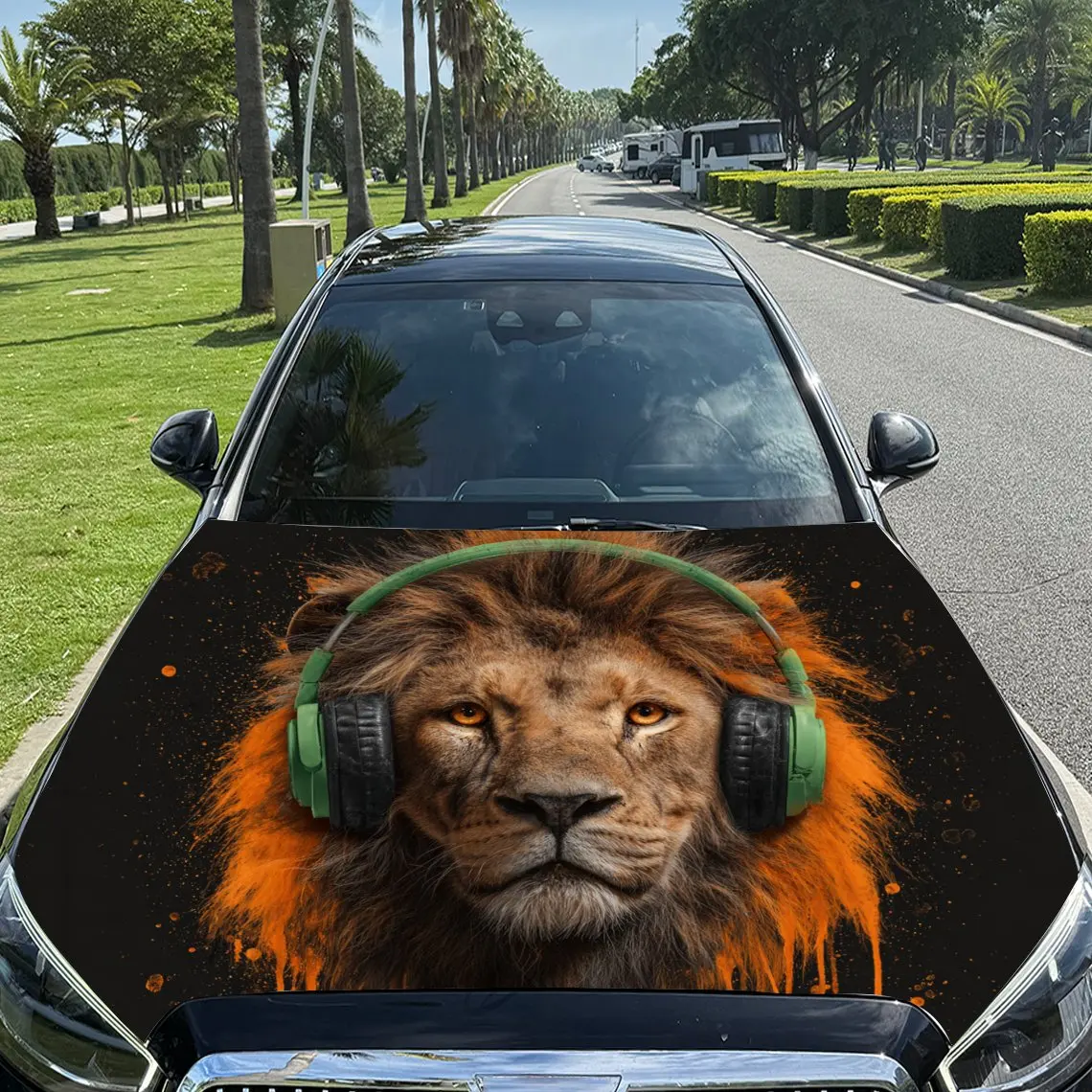 

Trendy Music Lion Car Vinyl Wrap, PVC Material Waterproof Car Hood Sticker, Self-Adhesive Scratch-Resistant Stickers for Engine