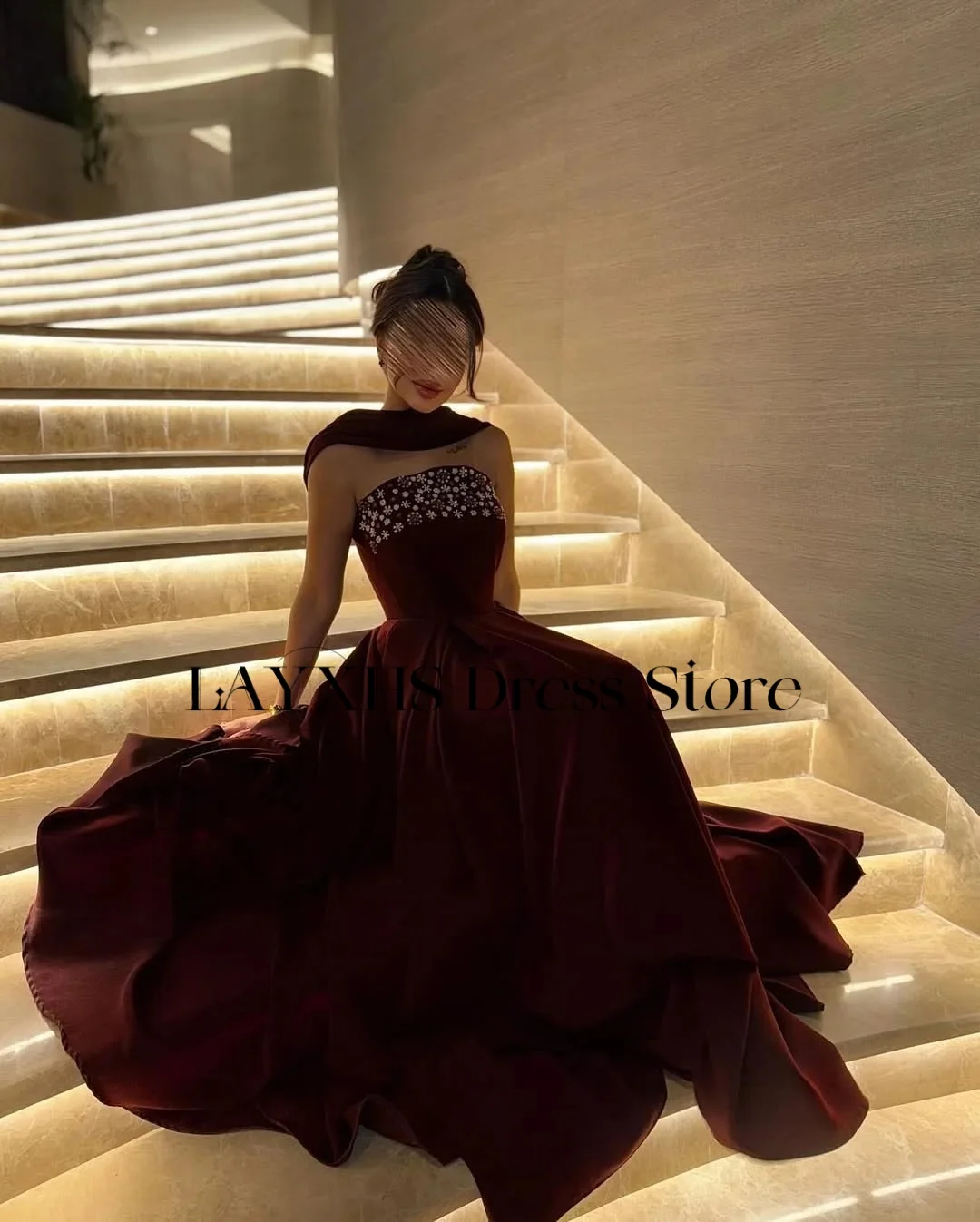 LAYXHS Luxury Dark Red Strapless Evening Dresses A-Line Beaded Floor-Lenght Pleat Prom Dresses Customized فساتين سهره