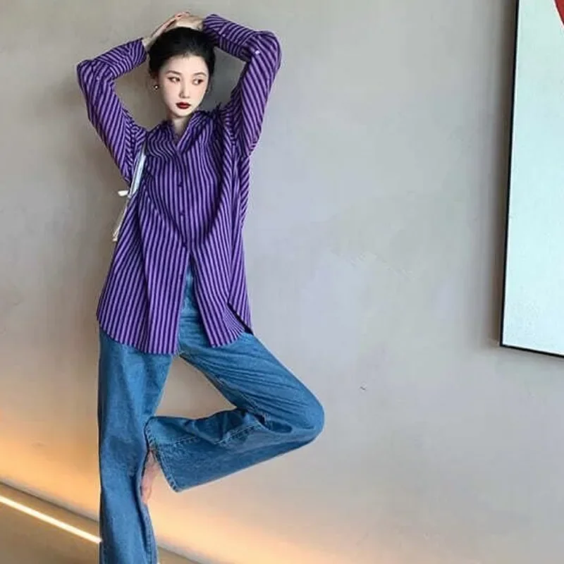 Camisas a rayas moradas para mujer, ropa informal Hipster de manga larga holgada Harajuku que combina con todo, Tops estilo gótico Vintage
