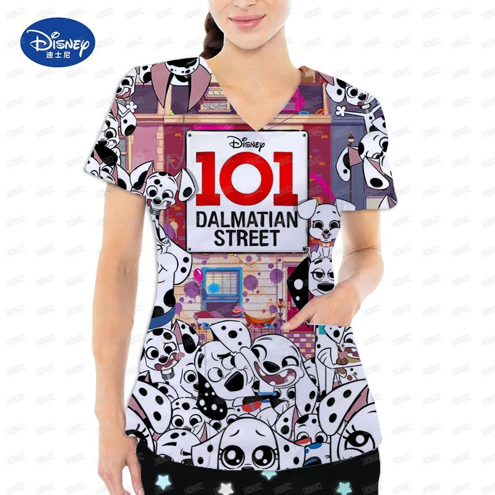 Pocket Stich 101 Dalmatian Hospital T-shirt Nurse Uniform Top V-neck Top Women's 2024 Summer Women's T-shirt Tees Women's