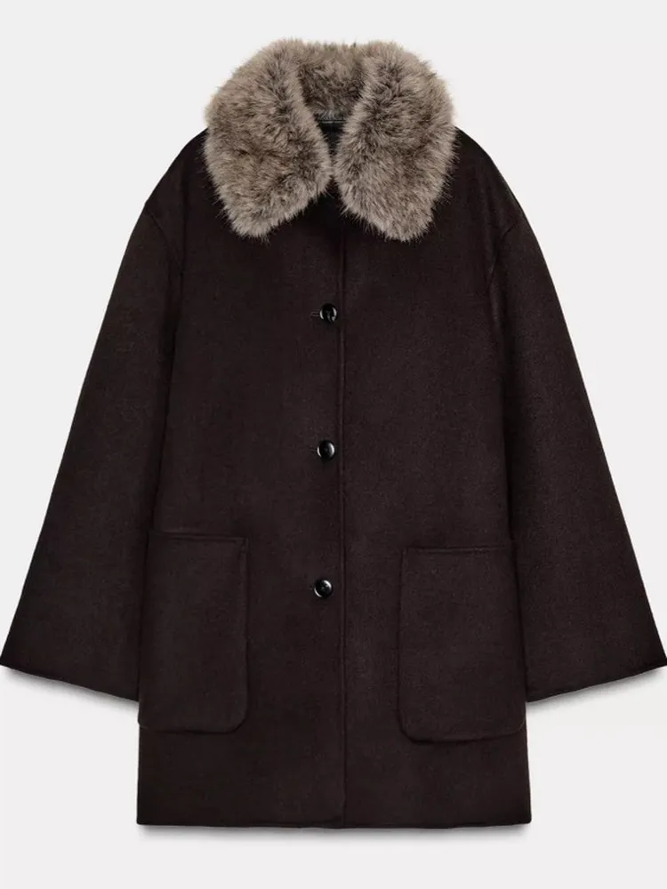 

2025 Winter New Arrival Women's Coat Collar Stand up High-End Artificial Fur Effect Long Sve Vintage Sle Polyester Fiber