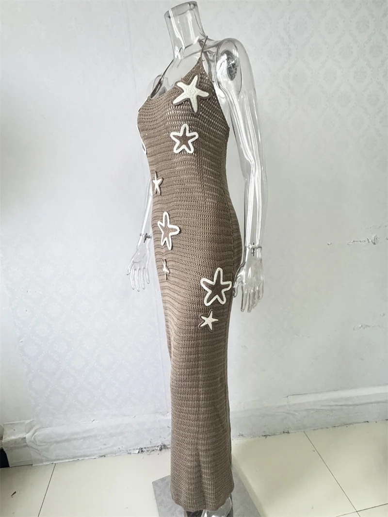 Women's Halter Backless Lace-Up Long Bandage Dress Knitted Bikini Cover-Up Summer Crochet Swimwear Robe Sexy Beach Bathing Suit view 2