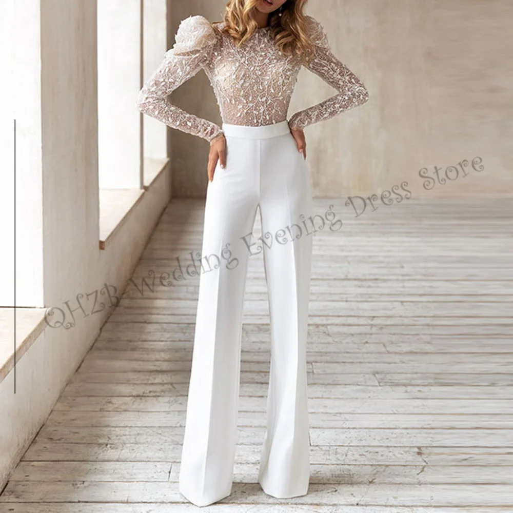 

Sexy O-Neck Long Backless Lace Beading Appliques Satin Pants Woman Wedding Dresses Bridal Engagement Party