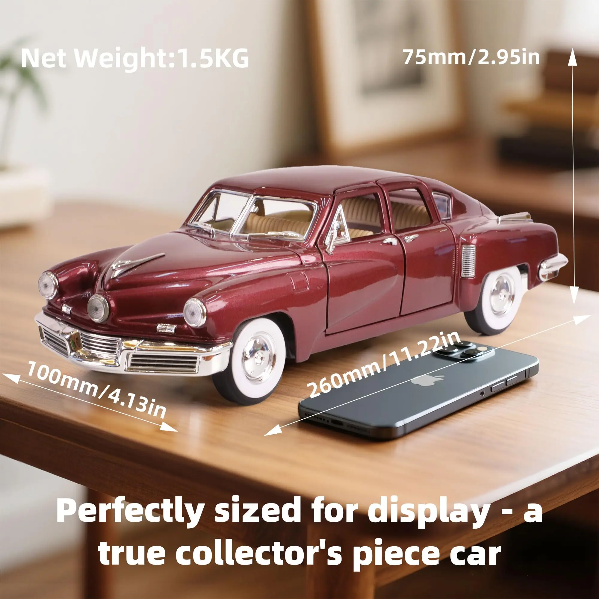 1948年タッカー・トーピード 1/18スケール ダイキャストメタルモデル プレミアムクラシックビンテージ合金車 ディスプレイケース付き、開閉ドア付き