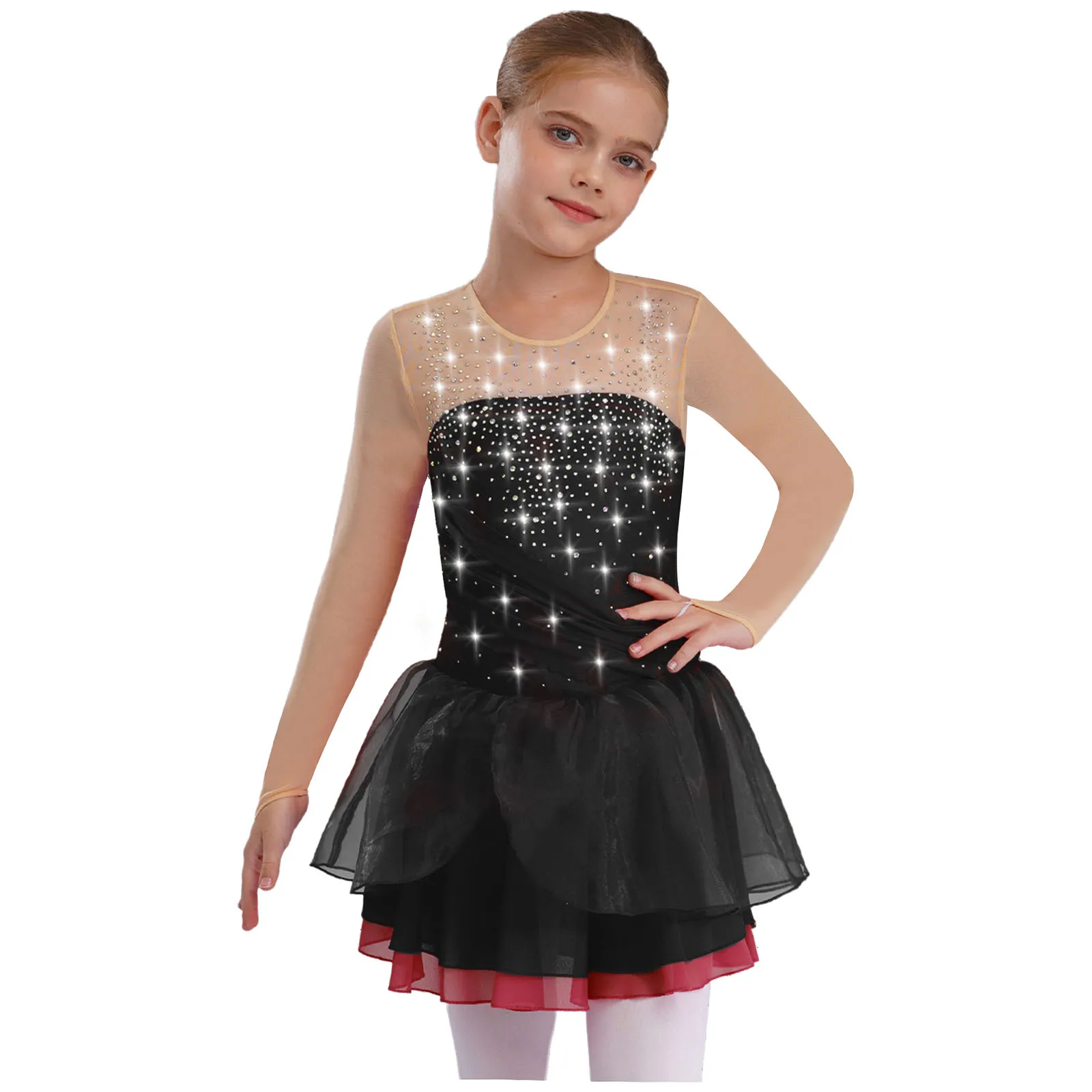 

Girls Ballet Jersey Lyrical Dance Dress Figure Skating Gymnastics Stage Performance Costume Shiny Rhinestone Leotard Tutu Dress