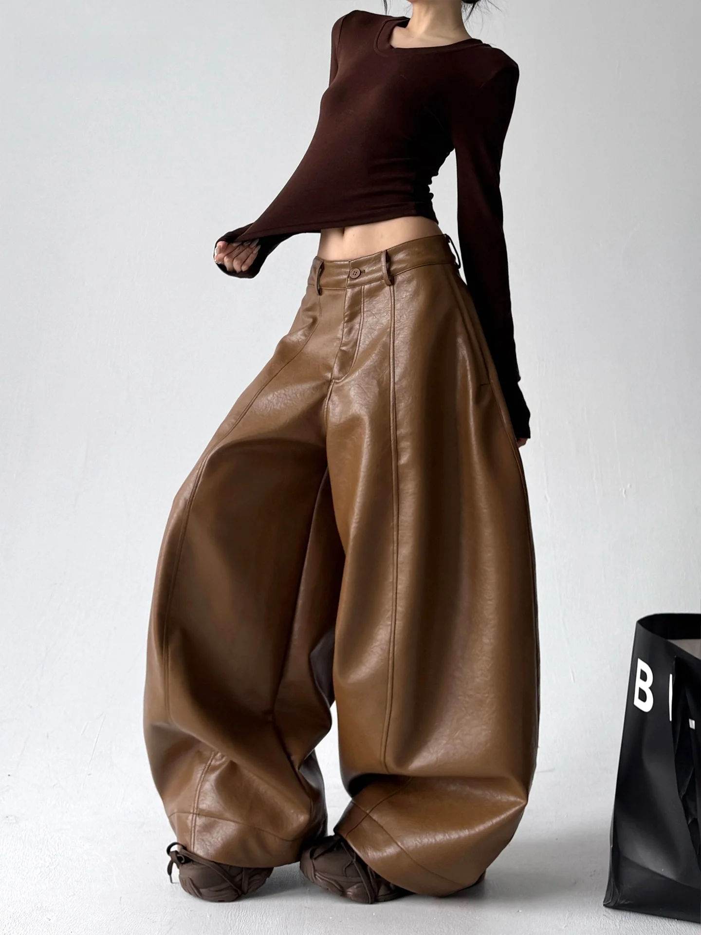 Trendy High Waist PU Leather Casual Pants Women's Original Design Autumn Winter New Sle Slimming Loose Wide Leg Pants