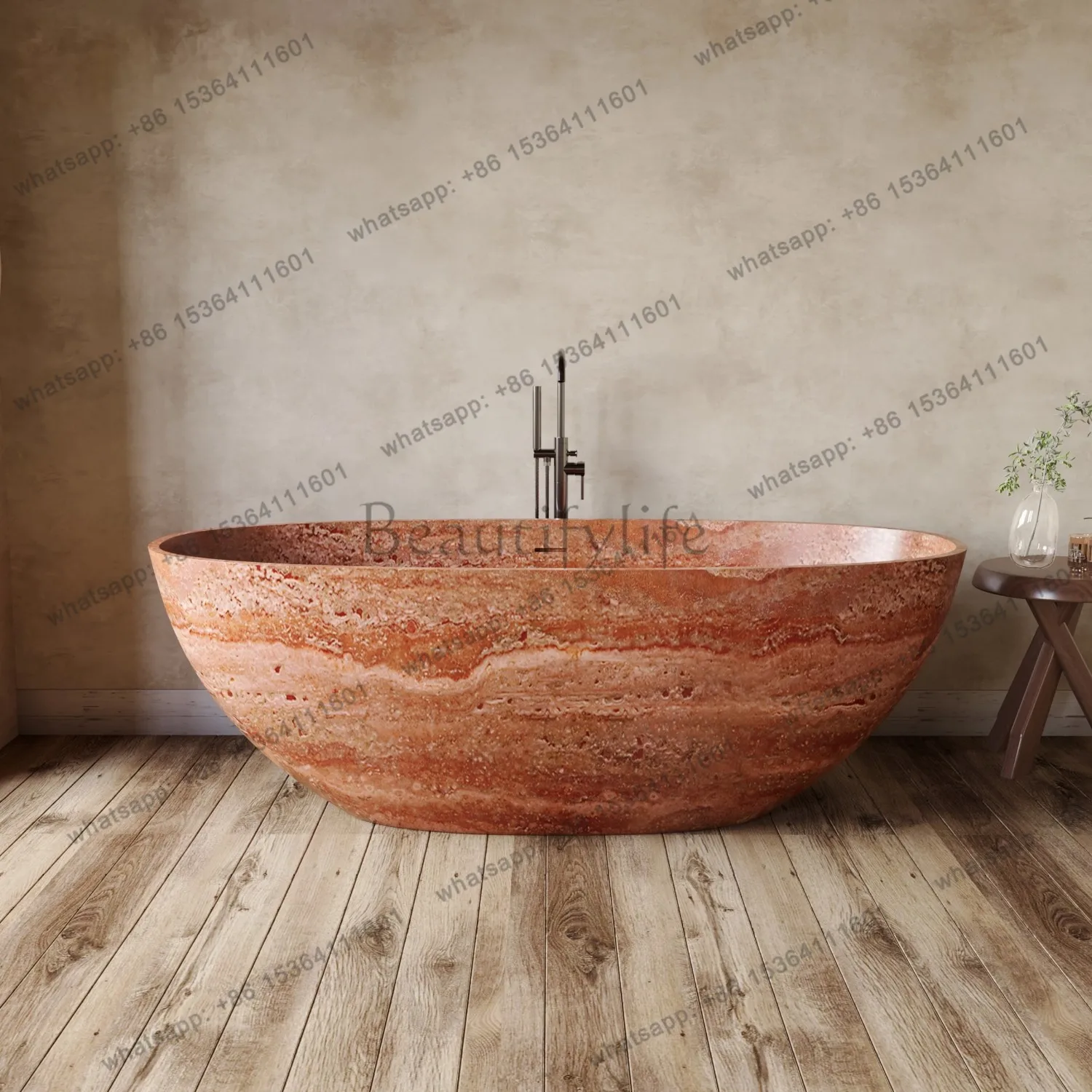 Any Size Custom Red Travertine Bathtub Thin Rim Oval Soaking Tub Heat Retaining