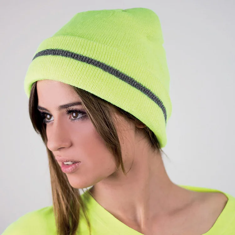 Reflektierende Strickmütze, Sicherheitsmütze für Erwachsene, hohe Sichtbarkeit, Neon-Winter-Strickmütze mit Herren und Damen für Nachtlaufsport – Detail 9