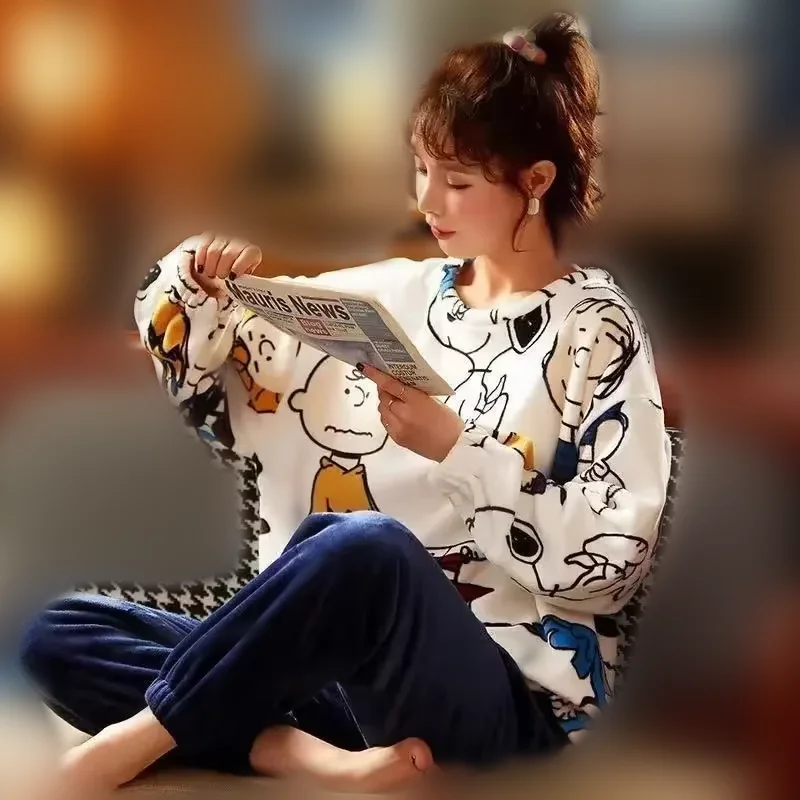 زائد الصوف سميكة الفانيلا لطيف ملابس خاصة فتاة ثوب النوم سنوبي الخريف الشتاء بيجامة صبي المرأة المرجان الصوف طويلة الأكمام السراويل