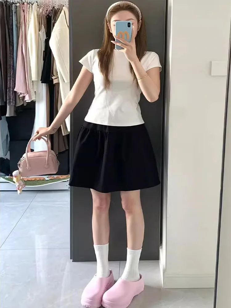Saia Midi de Cintura Alta para Mulheres, Verão, Fina, Plus Size, Estilo A-Line,  Saia, Estilo Universitário Japonês, Roup...