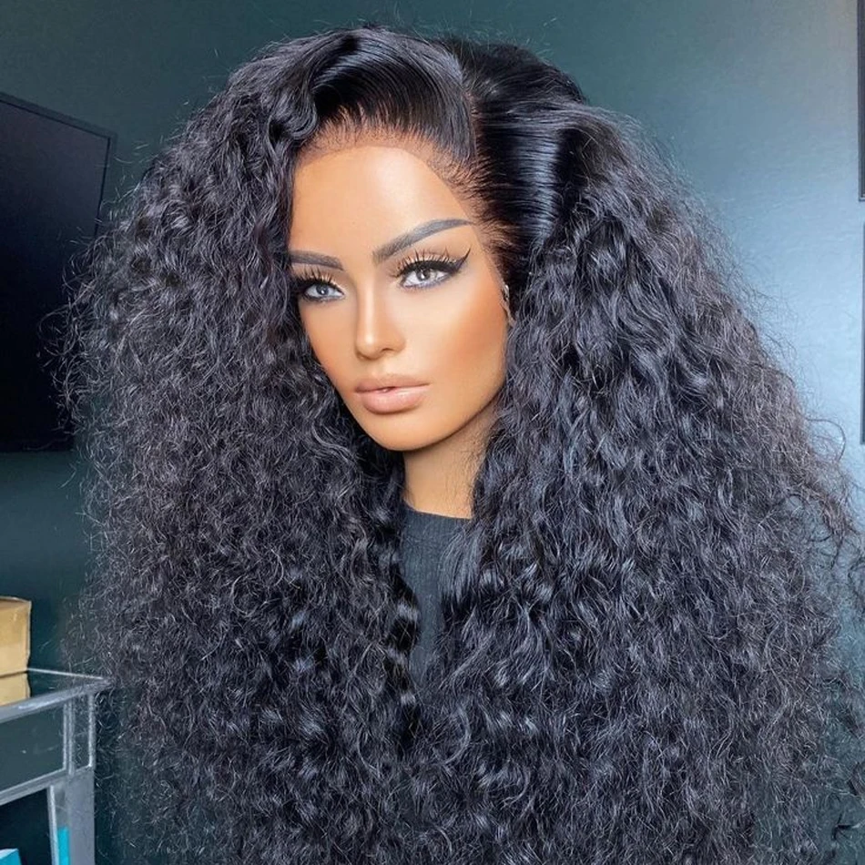 26Inch 180Density Soft Long Kinky Curly Natural Black Deep Lace Front Wig For Women Babyhair Glueless Preplucked Daily