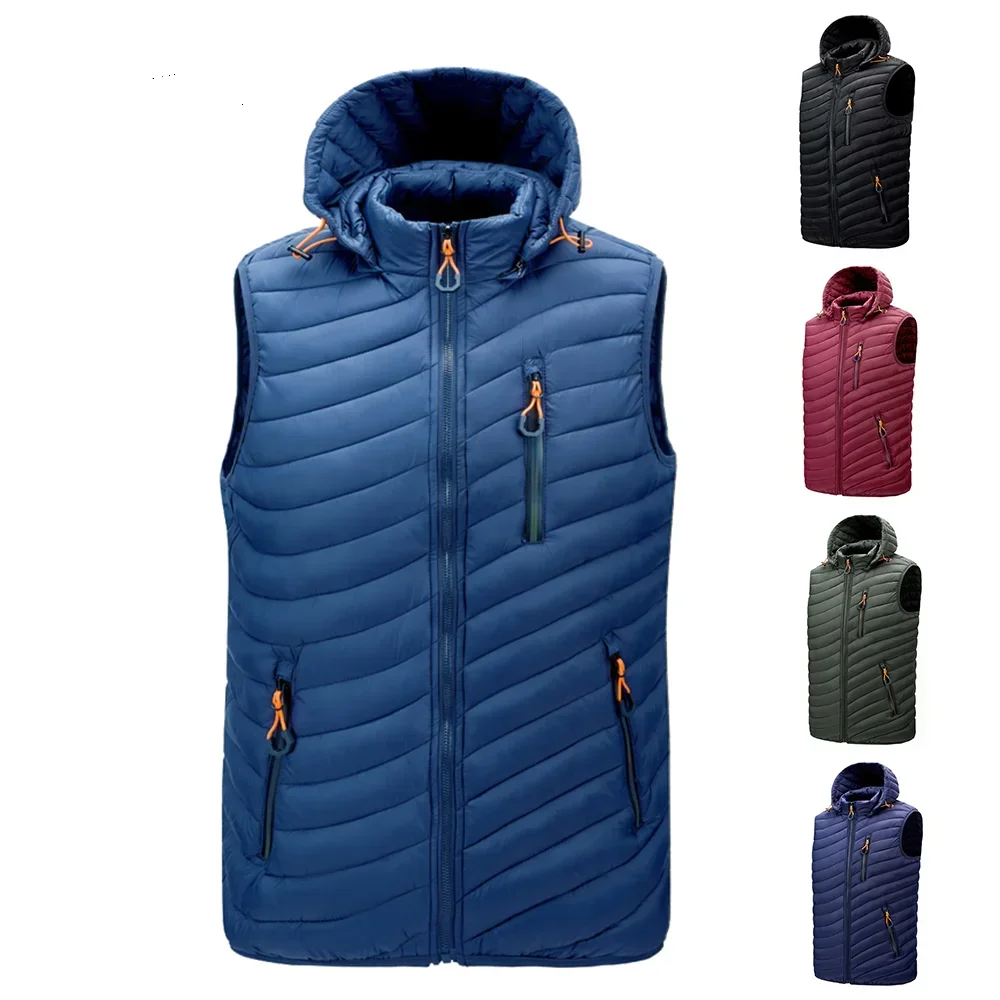 

Fashion Casual Pockets Waistcoat Windproof Jacket Winter Male Hot sale Men Sleeveless Down Vests Solid Hooded