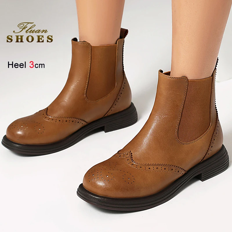 

Spring Autumn Brown Women's Ankle Boots Leather Chelsea Boots Retro Carved Round Toe British Style Ladies Short Boots Size 35-46