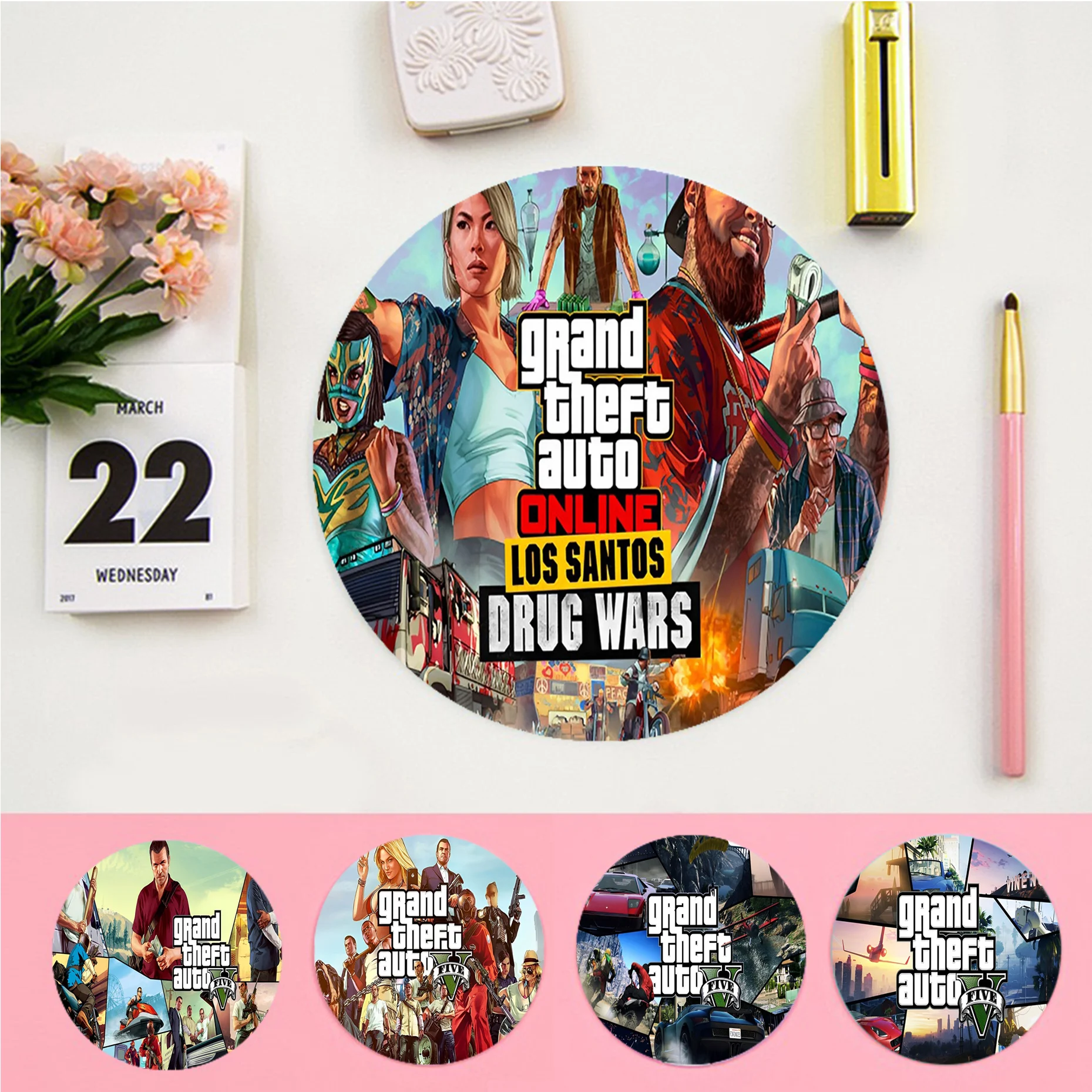 

Grand Theft Auto GTA Game Mousepad INS Tide Round Keyboard Mat Table Mat Gamer Desktop Mousepad Cup Mats Deskpad Home Decor