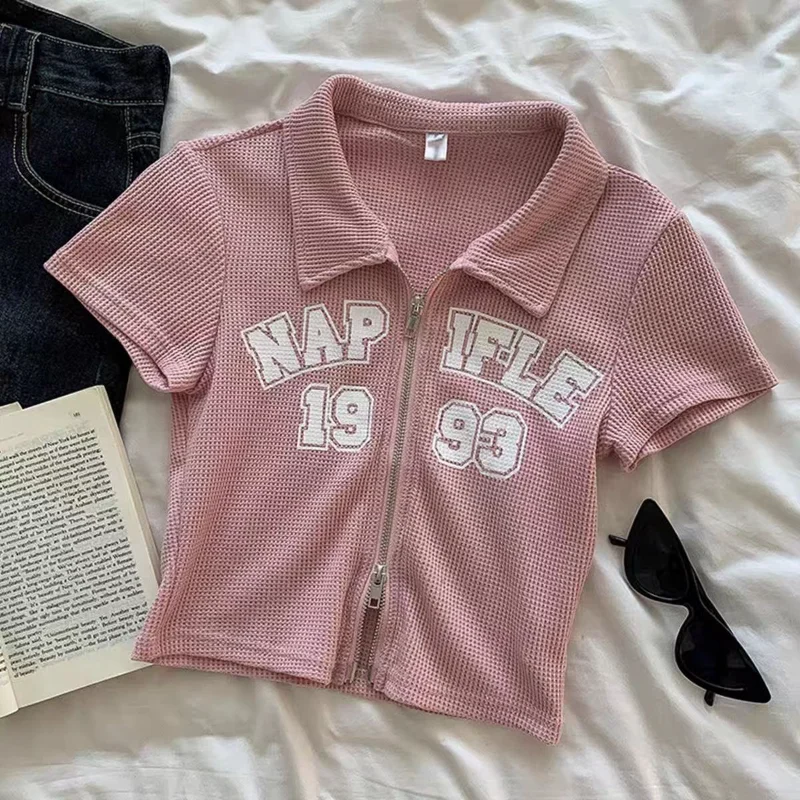 

New Small Polo Neck Short-sleeved T-shirt for Women's Front Shoulders Sweet Zipper Cardigan Trendy