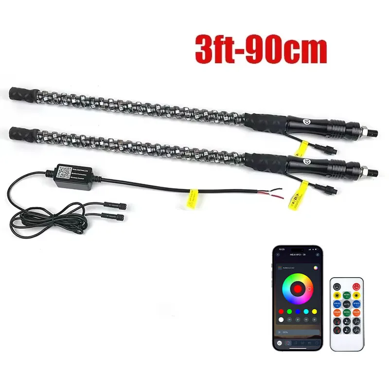 

2 шт., 3 фута/90 см, светодиодный кнут, RGB светодиодный флагшток, многоцветный водонепроницаемый кнут для багги, 12 В для внедорожных песчаных рельсов/багги, квадроциклов/UTV
