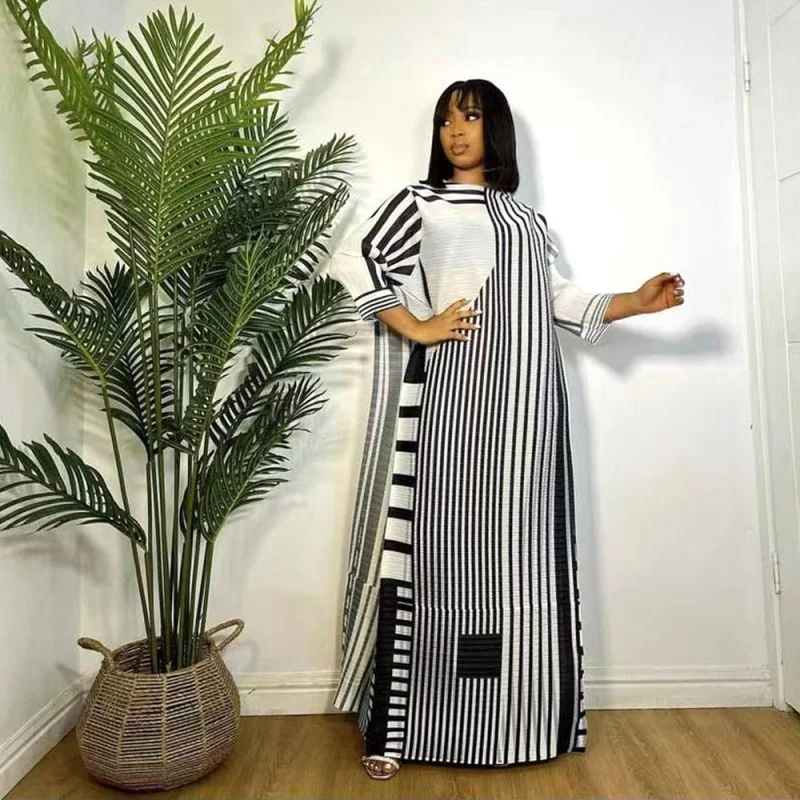 New Miyake Pleated Stripe Dress Fashion Relaxed Party Temperament Long Dresses 2023 Spring and Summer Elegant Women Clothing