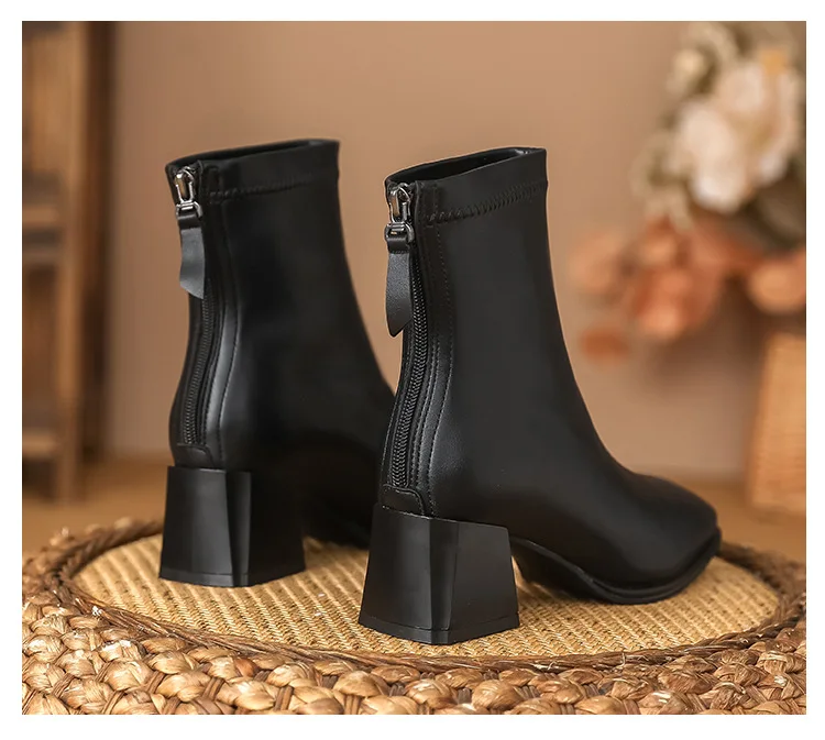 أحذية قصيرة نسائية بكعب سميك أحذية الخريف والشتاء أحذية سيدة Ins شعبية الجلود الاصطناعية منتصف Bootie مع سحاب #6