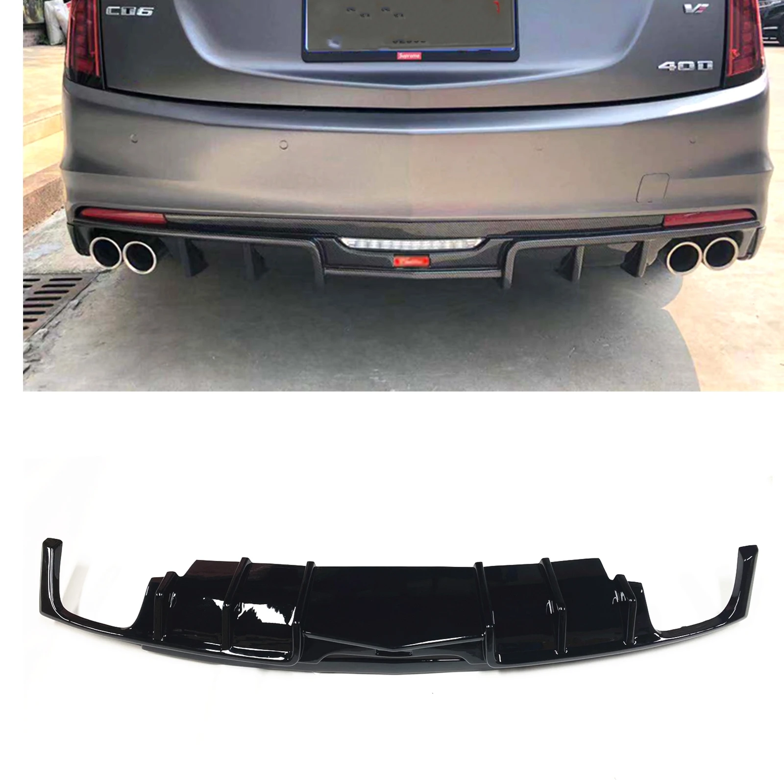 

For Cadillac CT6 2016-2020 Carbon Fiber Look ABS/Gloss Black Rear Bumper Diffuser Lip Spoiler Refit Boot Bracket Splitte Plate