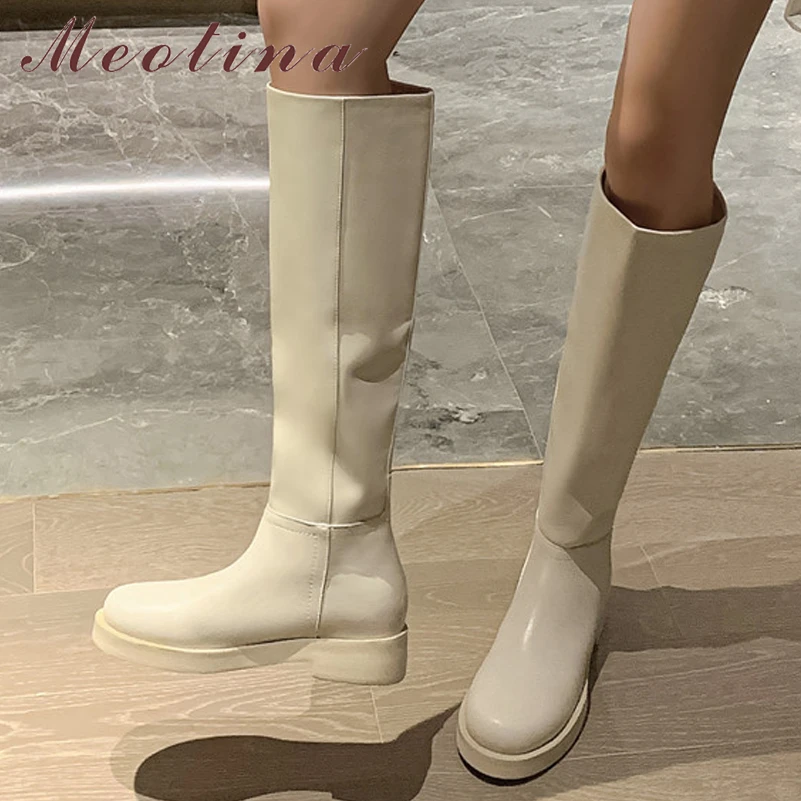 

Meotina Women Genuine Leather Knee High Riding Boots Round Toe Flat Ladies Fashion Long Boot Autumn Winter Shoes Apricot 40