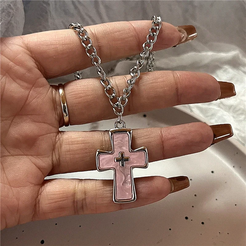 Kpop Gothic Punk Pink Cross Heart Bowknot Pendant Chain Necklace Women Charm Vintage Aesthetic Y2k EMO 2000s Jewelry Accessories