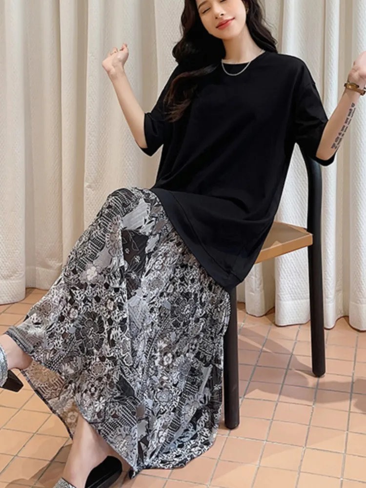 حجم كبير الشيفون الصيف الكورية نمط فستان طويل فضفاض للنساء المرقعة هيم قصيرة الأكمام فساتين السيدات رداء Elbise Vestidos