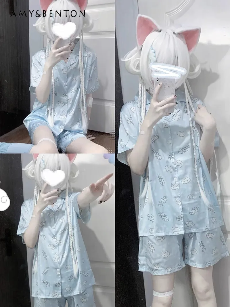 

Summer Sweet Cute Cat Print Water Color Top Shorts Two-piece Suit Women