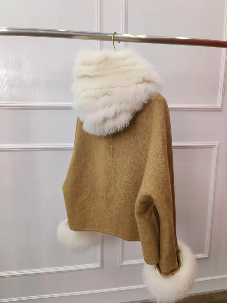 Autumn Winter Real Fur Coat Women Natural Fox Fur Hooded Jacket Short Cashmere Wool Woolen Ladies Outerwear Female Coat