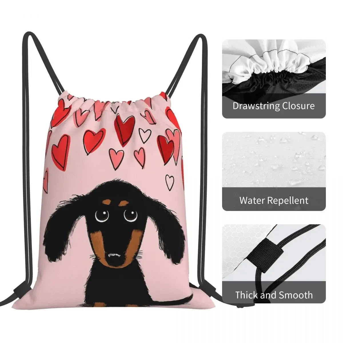 Sacos de cordão portáteis com corações, cachorro bonito do dachshund, bolso do pacote, saco de diversos, bookbag, mochilas, cordão