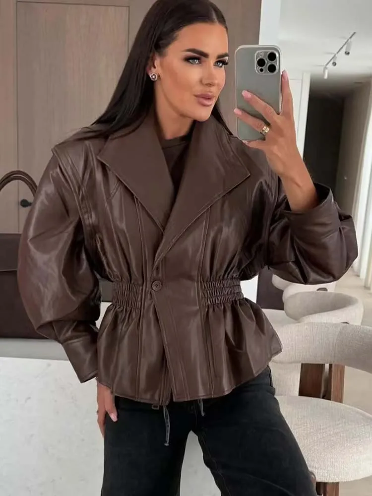 

Women Vintage Leather Jacket 2025 Autumn New Fashion Long Sleeve Waist-Cinching Coat Female High Street Long Sleeve New Jackets