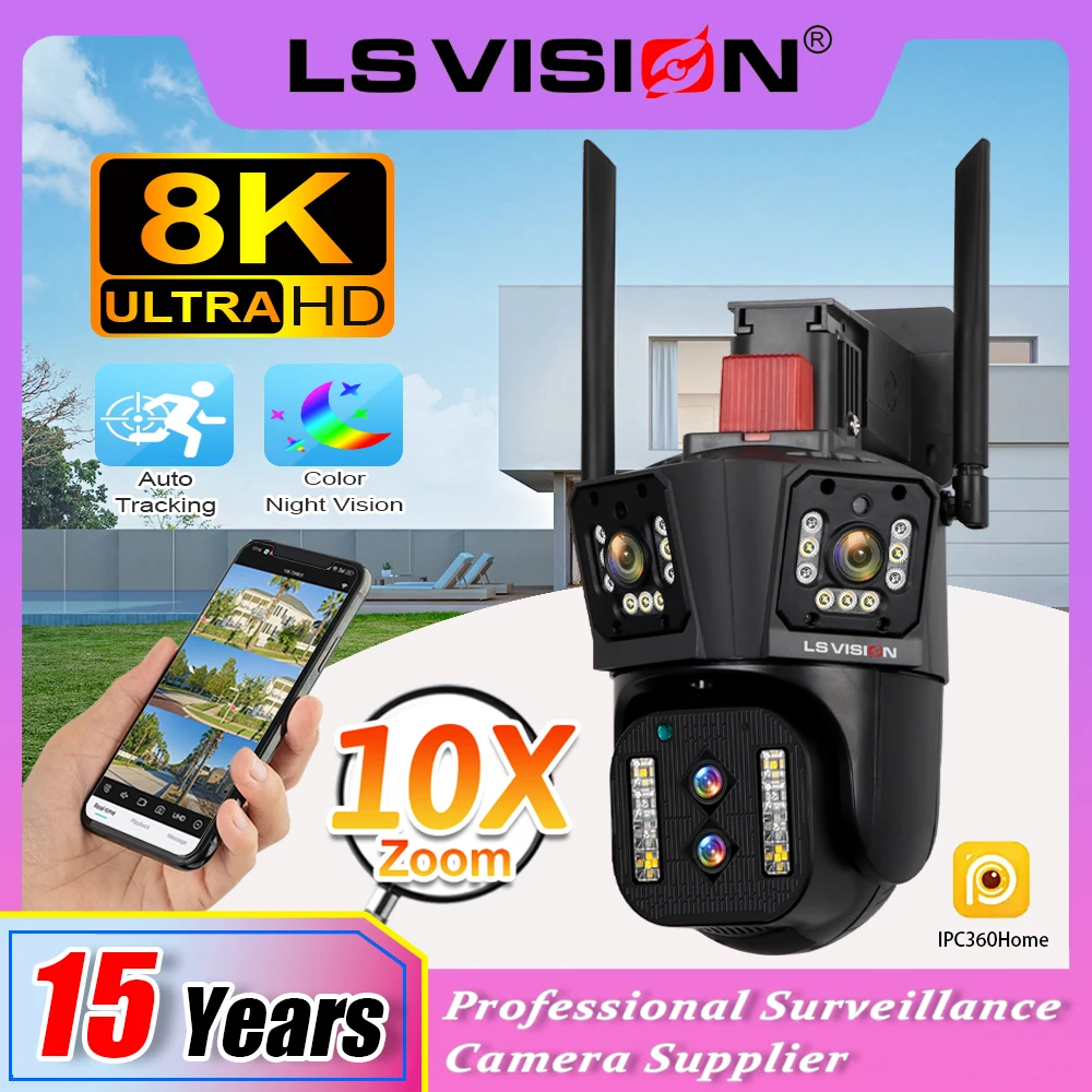 

LS VISION 8K 10X Security Camera 16MP WIFI IP Camera Outdoor Optical Zoom Auto Tracking 6K PTZ Four Lens Three Screen Waterproof