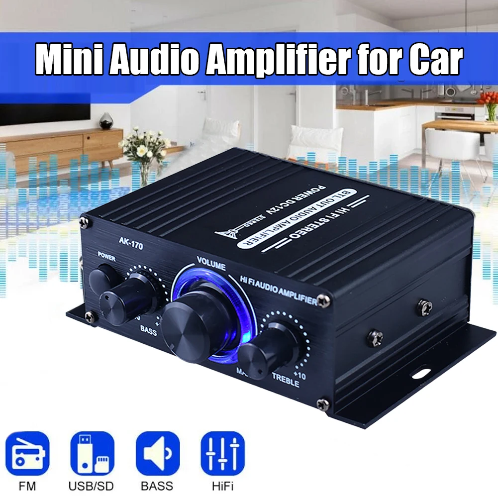 AK170 12V Audio Amplifier for Car Mini Digital Sound Amplifiers for Home Car Channel 2.0 HIFI Power Amplifier FM Bass Treble AMP