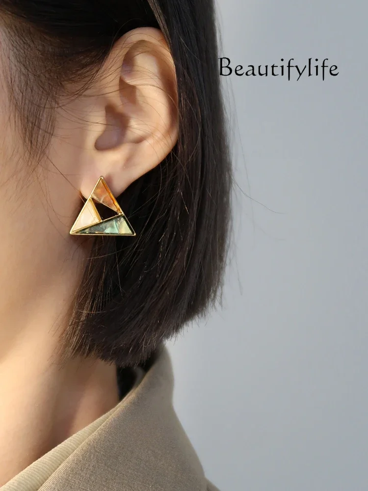 Geometric turquoise triangle earrings women's retro Hong Kong style temperament stud earrings New year's models